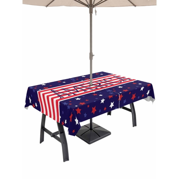 60x120 Inch Outdoor Tablecloth with Umbrella Hole Zipper Rectangle Independence Day Rectangular Tablecloths Outside Waterproof American Flag Red Blue Star Striped Patio Table Cover for Picnic Party