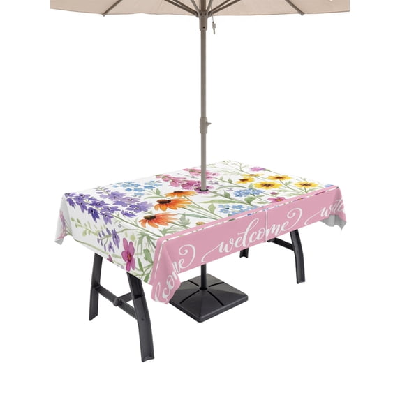 60x120 Inch Outdoor Tablecloth with Umbrella Hole Zipper Rectangle Meadow Wildflowers Rectangular Tablecloths Outside Waterproof Farmhouse Floral Botanical Blossom Patio Table Cloth Cover for Picnic