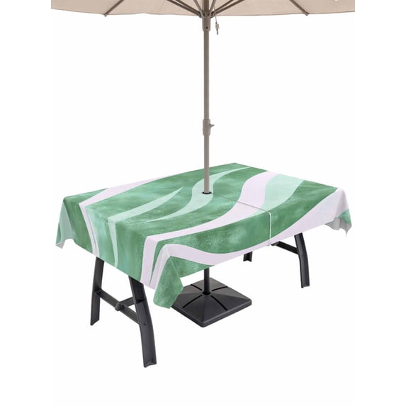 60x120 Inch Outdoor Tablecloth with Umbrella Hole Zipper Rectangle Moire Green Ombre Rectangular Tablecloths Outside Waterproof Abstract Art Waves Stripe Patio Table Cloth Cover for Picnic Party
