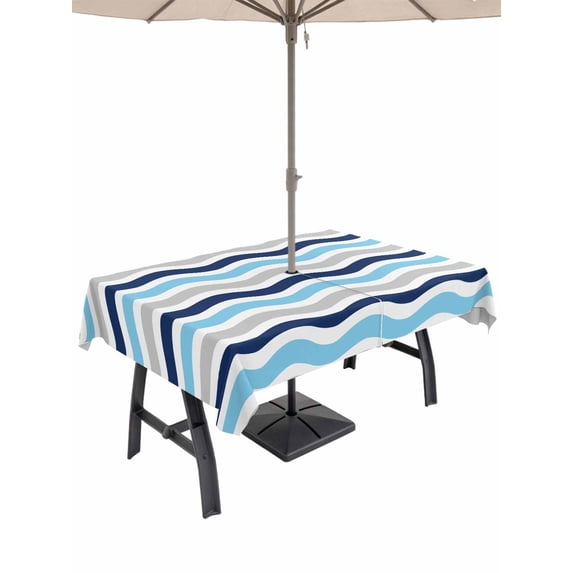 60x120 Inch Outdoor Tablecloth with Umbrella Hole Zipper Rectangle Navy Blue Grey Rectangular Tablecloths Outside Waterproof Abstract Geometric Ocean Wave Stripe Patio Table Cover for Picnic Party