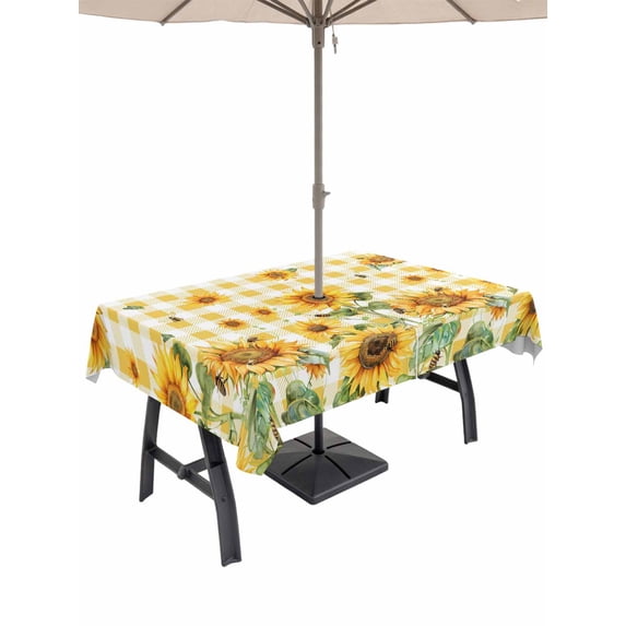 60x120 Inch Outdoor Tablecloth with Umbrella Hole Zipper Rectangle Orange Sunflower Rectangular Tablecloths Outside Waterproof Bee Floral Summer Rustic Buffalo Check Patio Table Cover for Picnic
