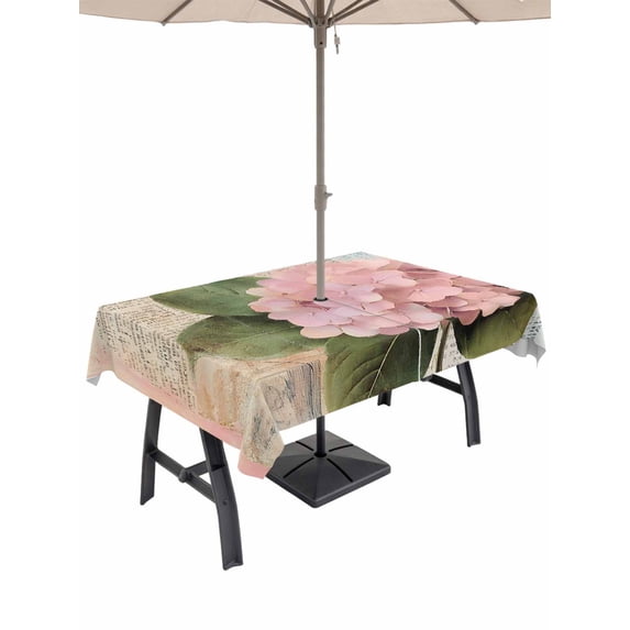 60x120 Inch Outdoor Tablecloth with Umbrella Hole Zipper Rectangle Pink Vintage Floral Rectangular Tablecloths Outside Waterproof Summer Botanical Retro Patio Table Cloth Cover for Picnic Party