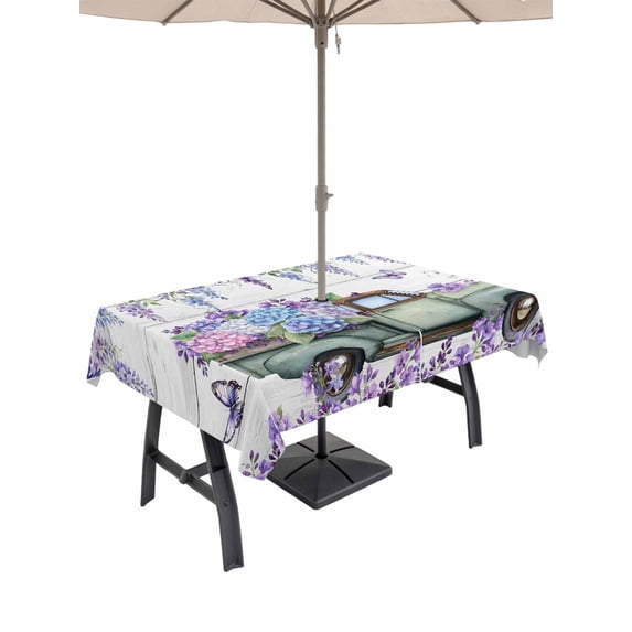 60x120 Inch Outdoor Tablecloth with Umbrella Hole Zipper Rectangle Purple Flowers Rectangular Tablecloths Outside Waterproof Weeping Spring Floral Truck Butterfly Wooden Patio Table Cover for Picnic