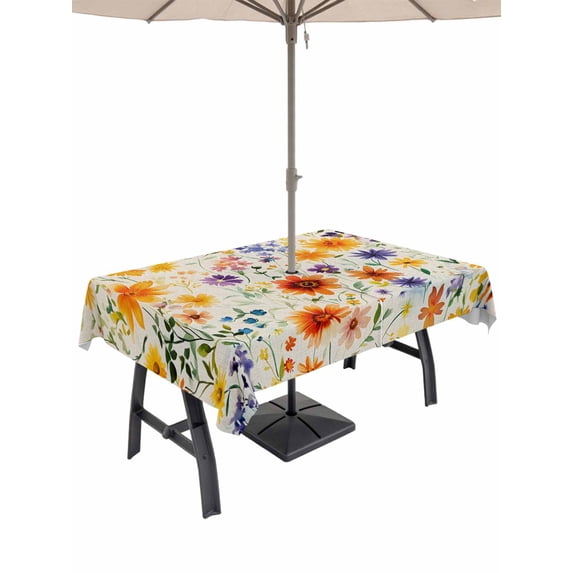60x120 Inch Outdoor Tablecloth with Umbrella Hole Zipper Rectangle Purple Yellow Flowers Rectangular Tablecloths Outside Waterproof Retro Spring Pastoral Botanical Patio Table Cover for Picnic Party