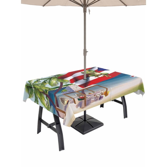 60x120 Inch Outdoor Tablecloth with Umbrella Hole Zipper Rectangle Red Blue Flag Rectangular Tablecloths Outside Waterproof Frog Star Summer Ocean Beach Palm Tree Patio Table Cover for Picnic Party