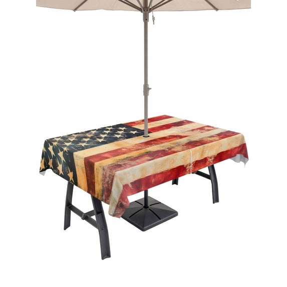60x120 Inch Outdoor Tablecloth with Umbrella Hole Zipper Rectangle Retro American Flag Rectangular Tablecloths Outside Waterproof Vintage Red Strip Star US Flag Patio Table Cover for Picnic Party