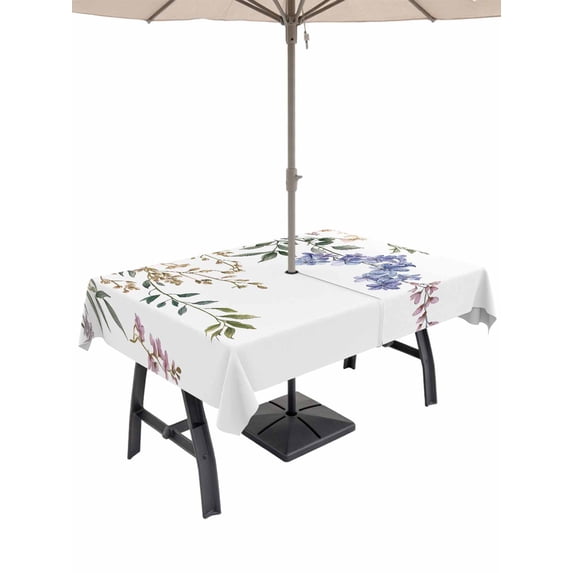 60x120 Inch Outdoor Tablecloth with Umbrella Hole Zipper Rectangle Rustic Floral Leaves Rectangular Tablecloths Outside Waterproof Spring Watercolor Flowers Patio Table Cloth Cover for Picnic Party