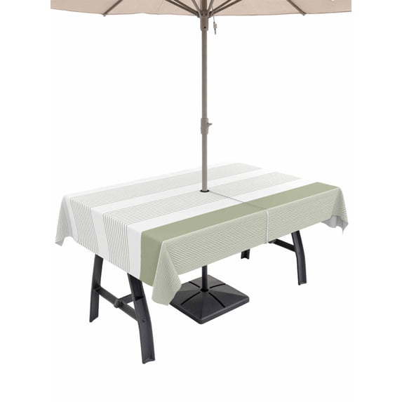60x120 Inch Outdoor Tablecloth with Umbrella Hole Zipper Rectangle Sage Green Stripe Rectangular Tablecloths Outside Waterproof Modern Rustic Horizontal Green Striped Patio Table Cover for Picnic