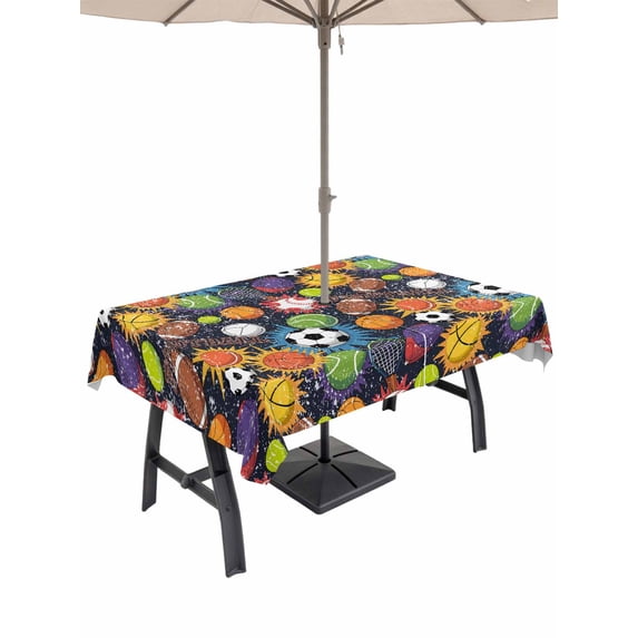 60x120 Inch Outdoor Tablecloth with Umbrella Hole Zipper Rectangle Sports Football Rectangular Tablecloths Outside Waterproof Ball Games Basketball Rugby Baseball Patio Table Cover for Picnic Party