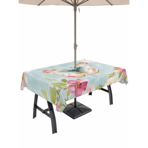 60x120 Inch Outdoor Tablecloth with Umbrella Hole Zipper Rectangle Spring Colorful Butterfly Rectangular Tablecloths Outside Waterproof Farmhouse Botanical Floral Patio Table Cover for Picnic Party
