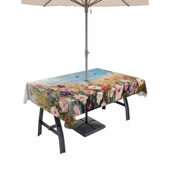 60x120 Inch Outdoor Tablecloth with Umbrella Hole Zipper Rectangle Spring Floral Rectangular Tablecloths Outside Waterproof Oil Painting Art Landscape Beach Patio Table Cloth Cover for Picnic Party