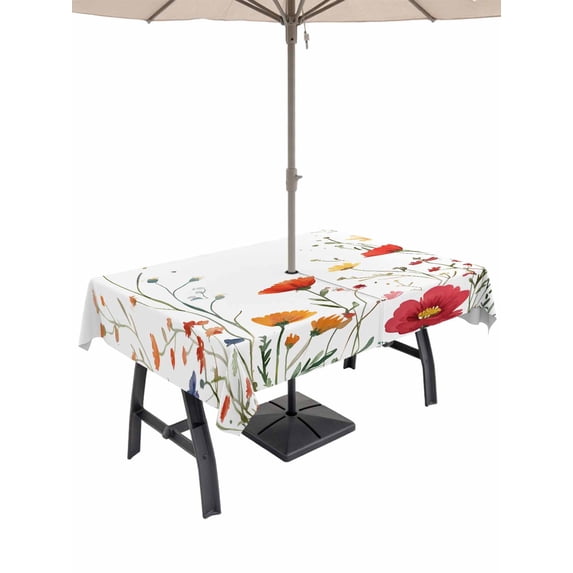 60x120 Inch Outdoor Tablecloth with Umbrella Hole Zipper Rectangle Spring Floral Rectangular Tablecloths Outside Waterproof Watercolor Botanical Pastoral Flowers Patio Table Cover for Picnic Party