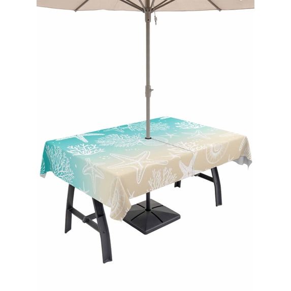 60x120 Inch Outdoor Tablecloth with Umbrella Hole Zipper Rectangle Teal Beige Ombre Coastal Rectangular Tablecloths Waterproof Nautical Beach Starfish Coral Summer Patio Table Cover for Picnic