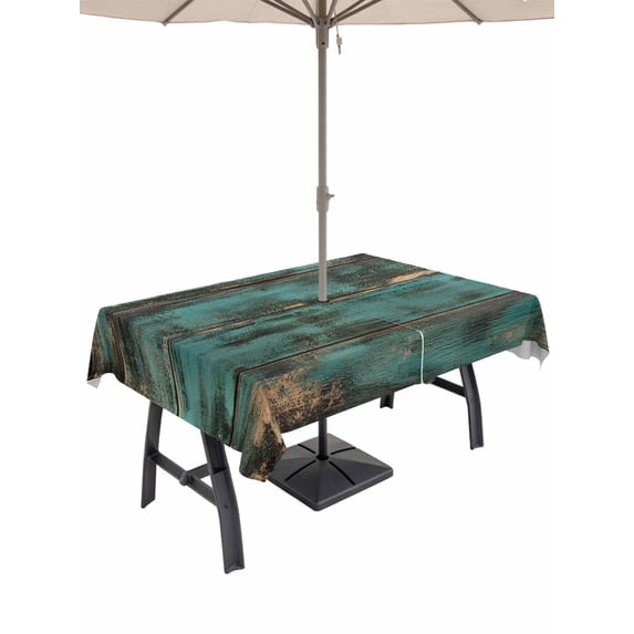 60x120 Inch Outdoor Tablecloth with Umbrella Hole Zipper Rectangle Teal Brown Wood Print Rectangular Tablecloths Outside Waterproof Farmhouse Vintage Plank Patio Table Cloth Cover for Picnic Party