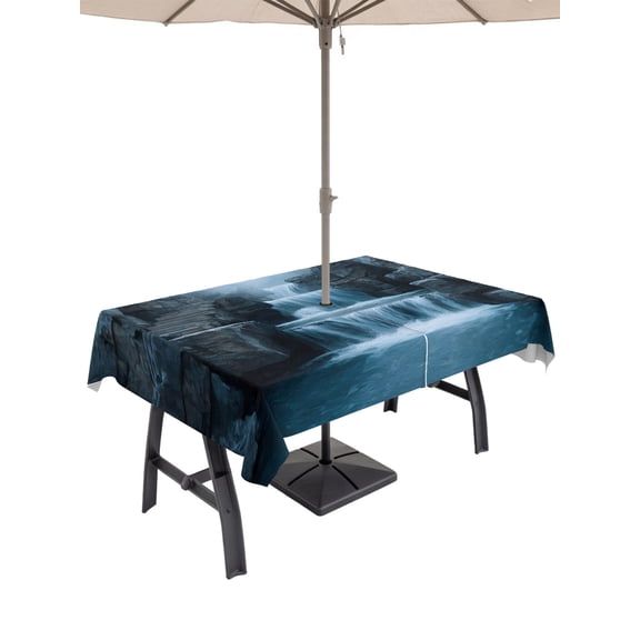 60x120 Inch Outdoor Tablecloth with Umbrella Hole Zipper Rectangle Tiered Waterfall Forest Rectangular Tablecloths Waterproof Nature Stone River Modern Patio Table Cloth Cover for Picnic Party
