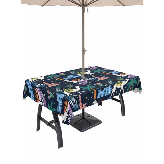 60x120 Inch Outdoor Tablecloth with Umbrella Hole Zipper Rectangle Tropical Palm Trees Rectangular Tablecloths Outside Waterproof Desert Camels Houses Aloe Vera Black Patio Table Cover for Picnic
