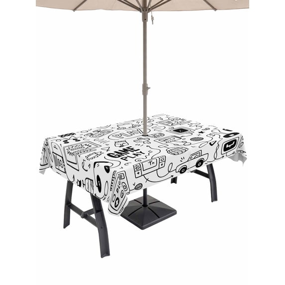 60x120 Inch Outdoor Tablecloth with Umbrella Hole Zipper Rectangle Video Game Rectangular Tablecloths Outside Waterproof Black White Game Controller Monochrome Patio Table Cover for Picnic Party