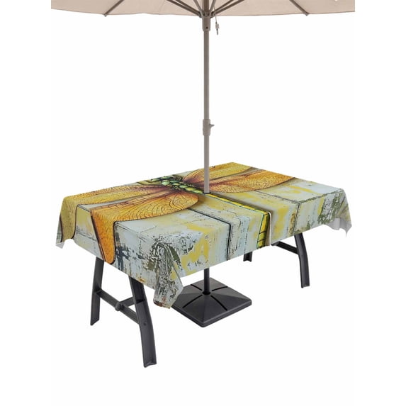 60x120 Inch Outdoor Tablecloth with Umbrella Hole Zipper Rectangle Vintage Dragonfly Rectangular Tablecloths Outside Waterproof Chic Country Yellow Animals Wood Grain Patio Table Cover for Picnic
