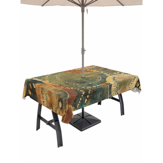 60x120 Inch Outdoor Tablecloth with Umbrella Hole Zipper Rectangle Vintage Geometric Rectangular Tablecloths Outside Waterproof Watercolor Abstract Art Patio Table Cloth Cover for Picnic Party