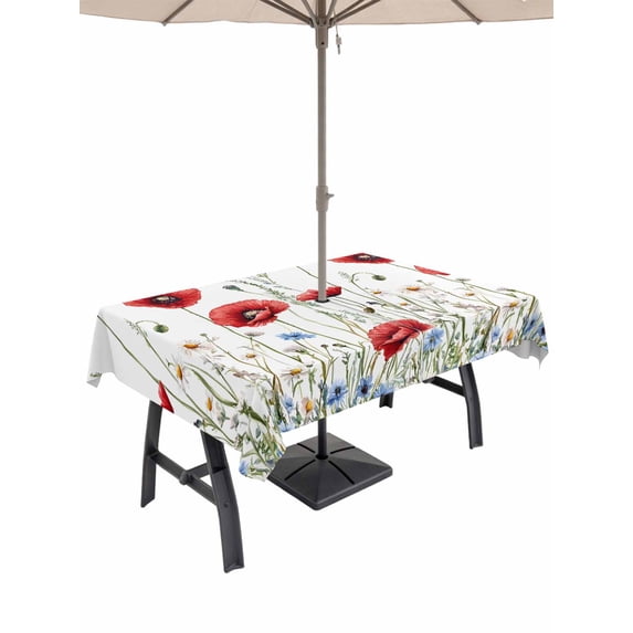 60x120 Inch Outdoor Tablecloth with Umbrella Hole Zipper Rectangle Watercolor Flower Rectangular Tablecloths Outside Waterproof Red Blue Poppy Flowers Daisy Summer Patio Table Cover for Picnic Party