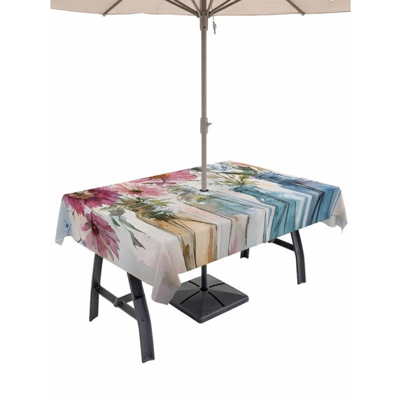 60x120 Inch Outdoor Tablecloth with Umbrella Hole Zipper Rectangle Watercolor Flowers Rectangular Tablecloths Outside Waterproof Spring Botanical Floral Bottle Patio Table Cover for Picnic Party