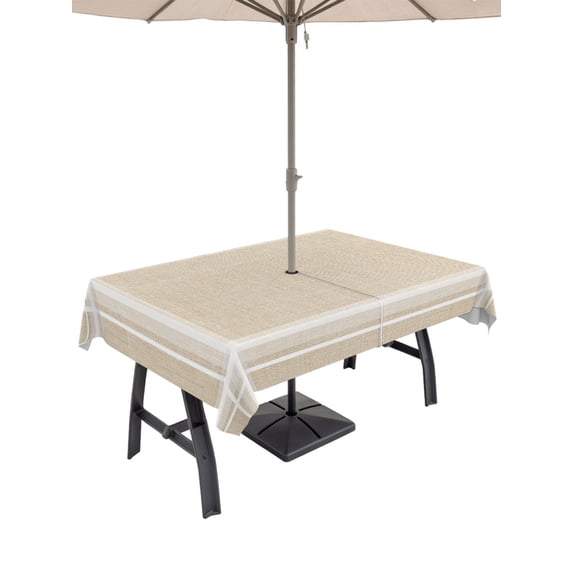 60x120 Inch Outdoor Tablecloth with Umbrella Hole Zipper Rectangle White Striped Grid Rectangular Tablecloths Waterproof Modern Simple Vertical Stripes Beige Patio Table Cloth Cover for Picnic