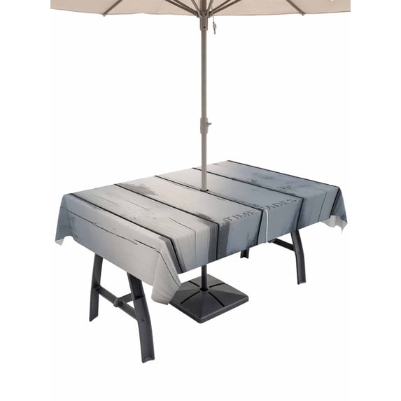 60x120 Inch Outdoor Tablecloth with Umbrella Hole Zipper Rectangle White Wooden Rectangular Tablecloths Outside Waterproof Farmhouse Rustic Retro Wood Planks Patio Table Cloth Cover for Picnic Party
