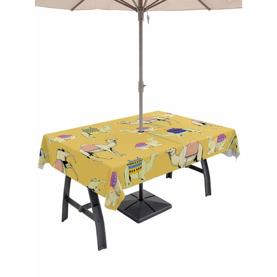 60x120 Inch Outdoor Tablecloth with Umbrella Hole Zipper Rectangle Yellow Camels Rectangular Tablecloths Outside Waterproof Modern Watercolor Cute Funny Animals Patio Table Cover for Picnic Party