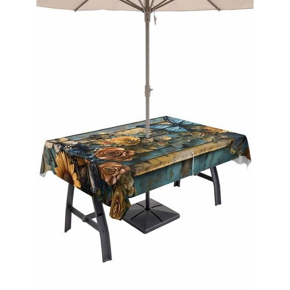 60x120 Inch Outdoor Tablecloth with Umbrella Hole Zipper Rectangle Yellow Flower Butterfly Rectangular Tablecloths Outside Waterproof Teal Metal Striped Vintage Patio Table Cover for Picnic Party