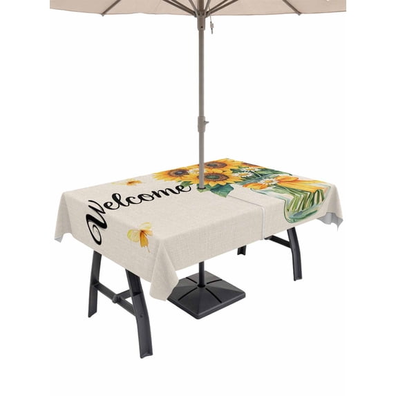 60x120 Inch Outdoor Tablecloth with Umbrella Hole Zipper Rectangle Yellow Sunflower Rectangular Tablecloths Outside Waterproof Butterfly Linen Vintage Floral Patio Table Cloth Cover for Picnic Party