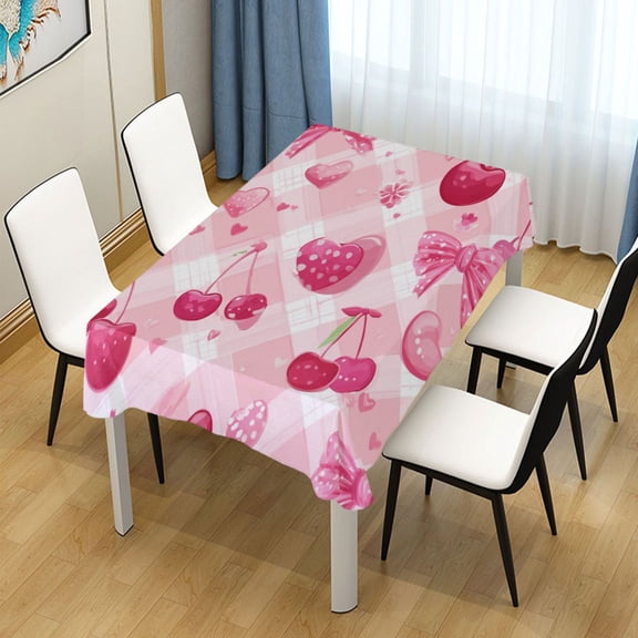 60x120 Inch Tablecloth Polyester Square Tablecloth for Home Kitchen Dinner Decor Cherry and Pink Bow Pattern