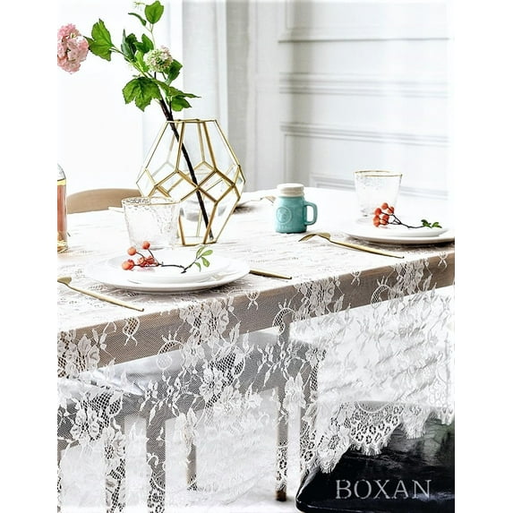 60x120 Inch White Lace Tablecloth with Vintage Embroidery for Wedding, Bridal Shower, Tea Party