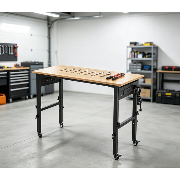 60x24 Inch Adjustable Height Workbench with Walnut Top Swivel Casters Integrated Power Outlet Drawer-Free Work Table for Office Garage Workshop Home