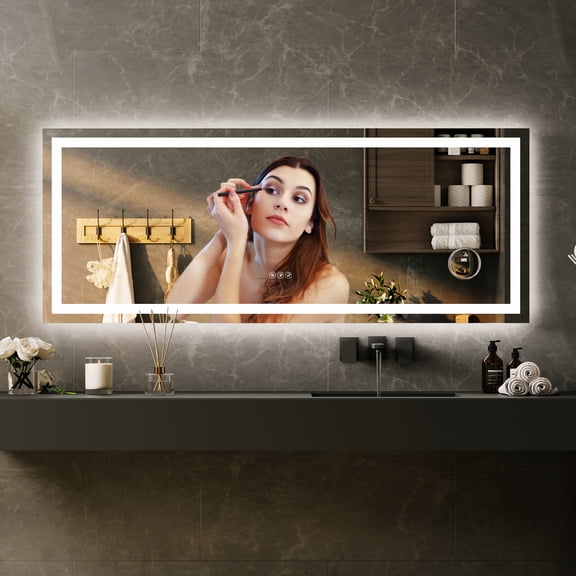 60x24 Inch LED Bathroom Mirror, Frameless Dimmable Front & Backlit Vanity Mirror with 3X Magnifier and Anti-Fog, Shatterproof Wall Mounted Mirror with Adjustable Color Temperature and Memory Function