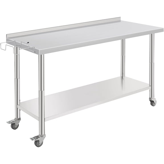 60x24x35 In Rolling Stainless Steel Work Table with Adjustable Undershelf Back Guard and Hooks