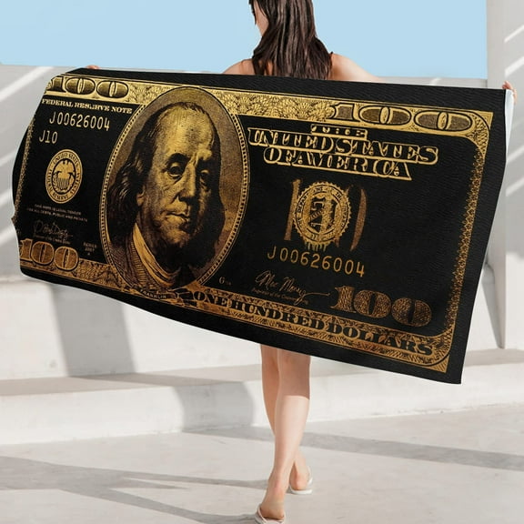 60x30in Black and Gold 100 Dollar Bill Groovy Beach Towels for Adults Funny Money Beach Towel for Men Quick Dry Towel Oversize Lightweight, Soft Bath Towel for Pool,Swimming, Travel, Beach Chair