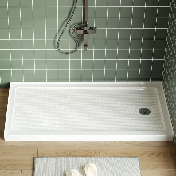 60x32 Inch Shower Pan with Right Drain – Anti-Slip Acrylic/PVC Shower Base, Easy Install with ABS Drain Kit & Steel Cap, White