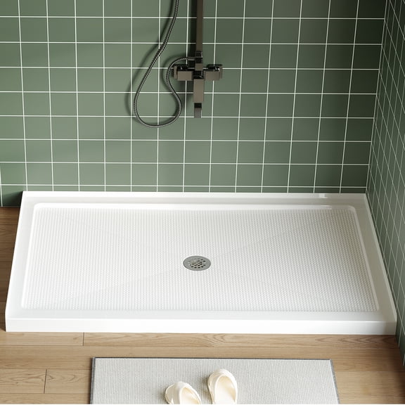 60x36 Inch Shower Pan Single Threshold Base, ABS Shower Base with Non-Slip Textured Surface, Center Drain Lightweight Shower Pan Easy Install Includes Drain Kit, White