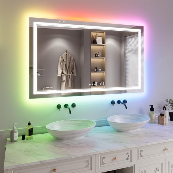 60x36 RGB LED Bathroom Mirror with Lights Front and Backlit Lighted Vanity Mirror for RGB Bathroom Wall with 3 Colors Dimmable - Anti-Fog Memory Shatter-Proof IP54 Waterproof - Horizontal/Vertical