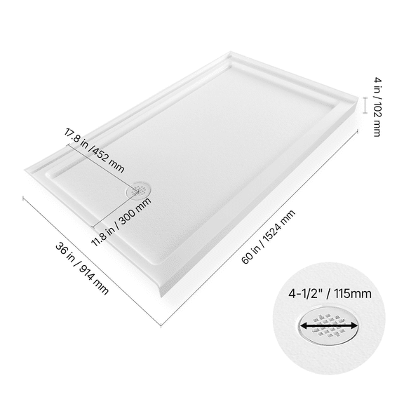 60x36 Shower Pan Base - Rectangle Acrylic Shower Base with Drain, White Single Threshold Showering Pan, Slip Resistant, Left Drain