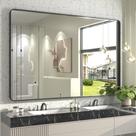 60x40 Inch Black Metal Framed Bathroom Mirror for Wall, Large Rounded Rectangle Mirror, Matte Black Bathroom Vanity Mirror, Anti-Rust, Shatterproof, Hangs Horizontally or Vertically