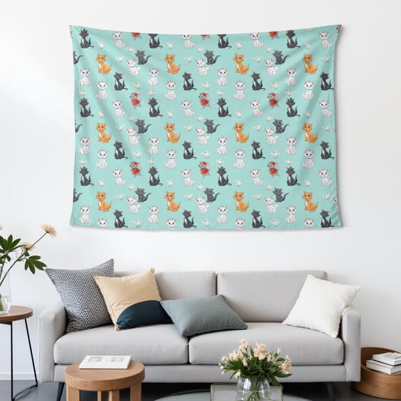 60x44 Inch Rectangle Wall Tapestry for Indoor & Outdoor, Living Room, Bedroom, Teen Room,Cat Variety Animal Teal Pattern