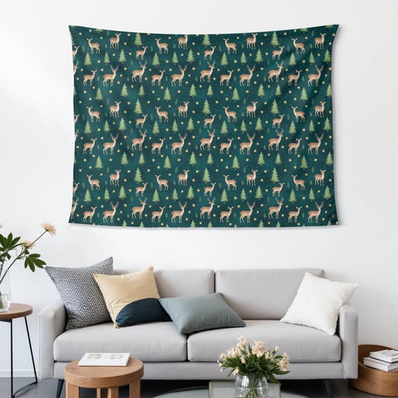 60x44 Inch Rectangle Wall Tapestry for Indoor & Outdoor, Living Room, Bedroom, Teen Room,Christmas Reindeer Tree Dark Teal Pattern