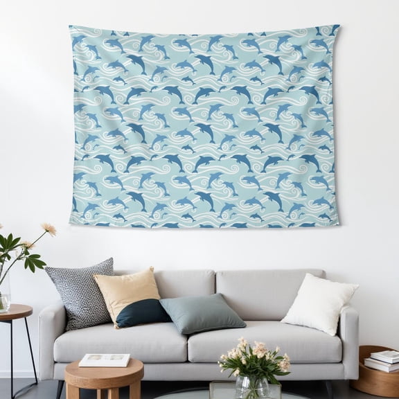 60x44 Inch Rectangle Wall Tapestry for Indoor & Outdoor, Living Room, Bedroom, Teen Room,Dolphin Wave Silhouette Light Blue Pattern