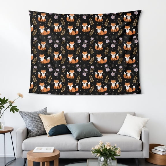 60x44 Inch Rectangle Wall Tapestry for Indoor & Outdoor, Living Room, Bedroom, Teen Room,Fox Floral Star Black Pattern