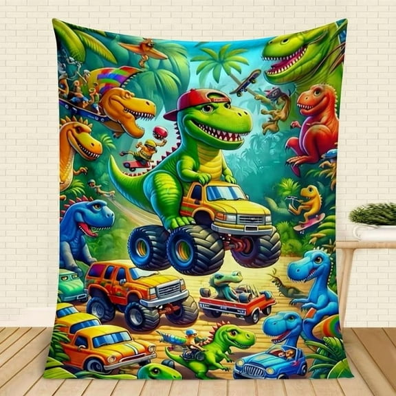 [60x50inch] Soft Funny Throw Blanket Cozy Dinosaur Truck Flannel Versatile For All Seasons,Perfect For Naps & Car Use,,Green