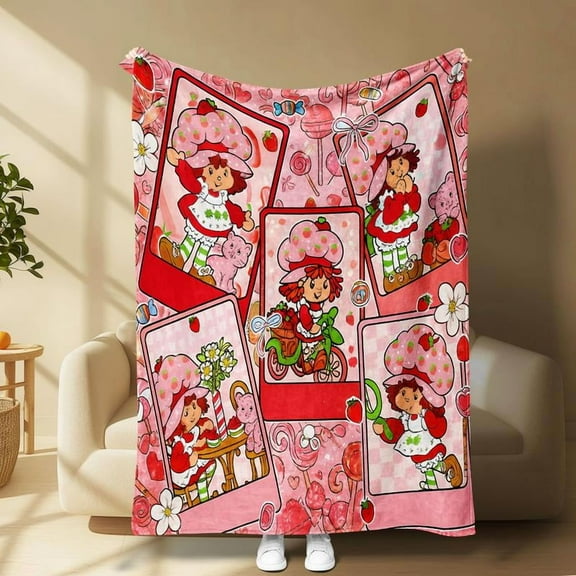 [60x50inch] Tranquil Guild Strawberry Shortcake Flannel Blanket, Sweet Strawberry Girl & Cat Design, Soft Lightweight Cozy, Kids' Room Sofa Decor, Nostalgic Gift