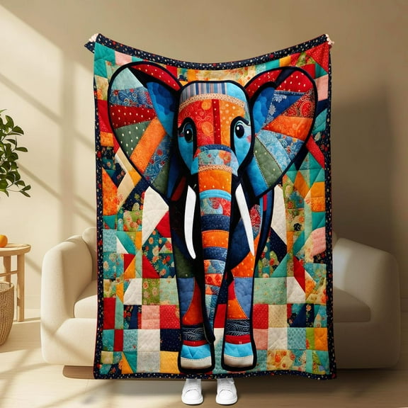 [60x50inch] [Vibrant Bazaar] Colorful Elephant Patchwork Fleece Blanket, Soft Cozy Fabric, Lightweight Warm Design, Perfect for Sofa Bed Travel Office Camping Gift