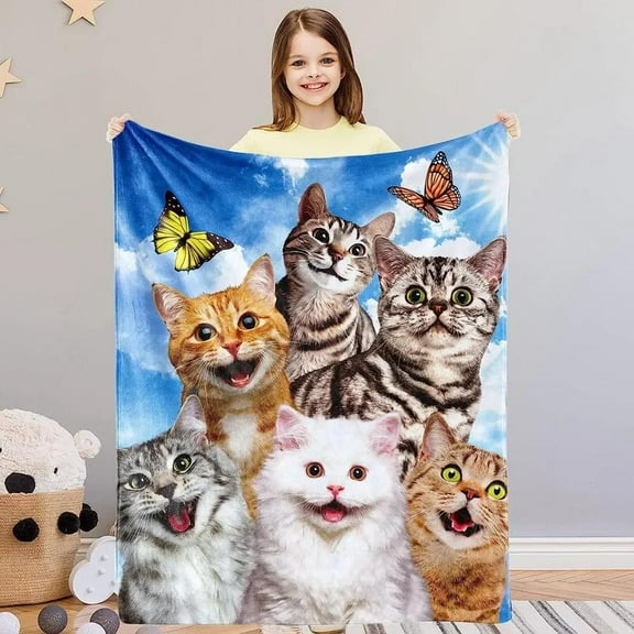 [60x50inch] [Vibrant Bazaar] Smile Cat Throw Blanket, Soft Plush Kitten Fuzzy Flannel Blanket, Cartoon Cat Print Throws Blankets for Cat Lover, 50x60