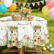 60x60 Inch Easter Tablecloth - Bunny with Flower Wreath Print Waterproof Washable Spring Table Cover for Indoor Outdoor Party Decor